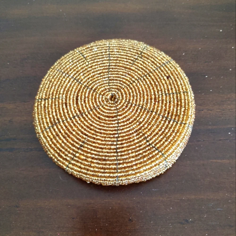 VTG Pier 1 Set Of Four Gold Beaded Coasters With Beaded Holder